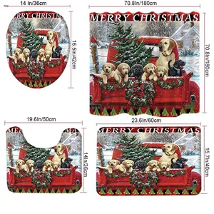 Detailed size specifications for 4-piece Christmas bathroom set with Merry Christmas print
