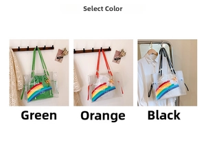 Detail of transparent PVC jelly tote bags with colorful inner drawstring pouches