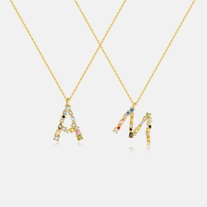 Vintage 925 Sterling Silver Alphabet Letter Initial Pendant Necklace Women Colorful Rhinestone Inlaid Alphabet Jewelry Gift