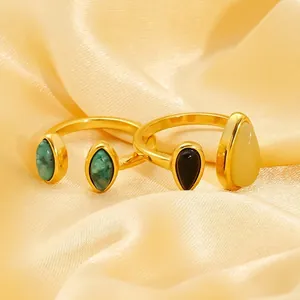 Bague Ouverte En Pierre Naturelle Rétro Plaqué Or 18K Acier Inoxydable Réglable Goutte Marquise Bijoux Femme