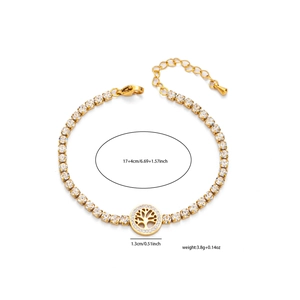 Detailed sizing of gold tree of life bracelet showing 17cm plus 4cm adjustable length