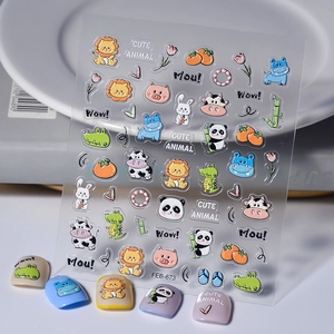 Nail Art Stickers 5D Relief Embossed Cartoon Animal Panda Lion Waterproof Self Adhesive Manicure Decoration For Kids Women