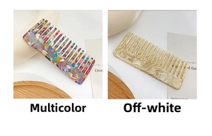Detailed close-up of acetate wide-tooth hair combs in colorful floral and marble patterns