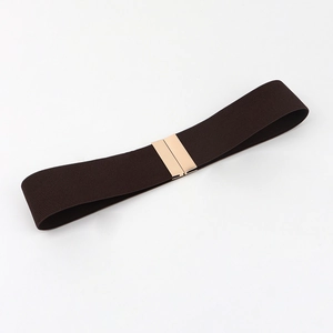 Close-up of a wide brown elastic waist belt with a polished gold rectangular buckle