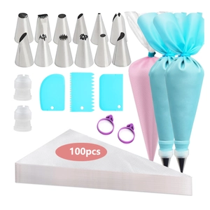 Detailed baking set featuring stainless steel nozzles, piping bags and plastic scrapers