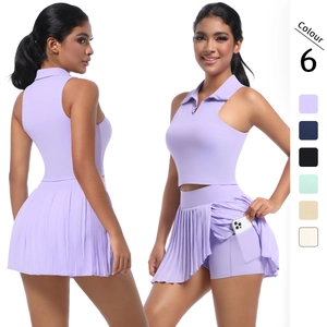Ensemble Haut Sans Manches à Col Polo et Jupe Plissée pour Femmes Vêtements de Sport Respirants pour Tennis Golf