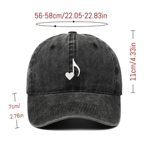 Detail of washed cotton baseball cap with heart music embroidery and size dimensions