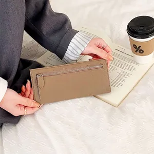 Classic dark brown leather long wallet with litchi texture and metal zipper pocket
