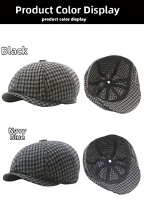Detail view of plaid newsboy cap showing black and navy blue breathable fabric textures