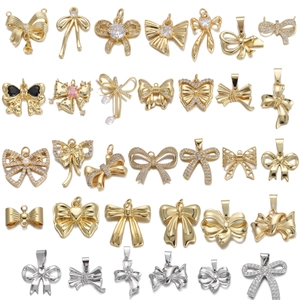 Bowknot Pendant Charms Copper Zircon Rhinestone Artificial Pearl Fashion French Style Jewelry Finding For Necklace Earring Bracelet DIY