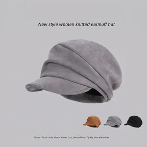 Vintage Pleated Newsboy Cap For Women Faux Suede Short Brim Beret Hat Retro Painter Cap Adjustable Foldable