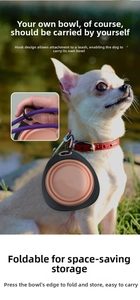 Close-up of portable collapsible pet bowl attached to a dog leash via carabiner