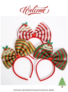 Détail de serre-têtes nœuds de Noël scintillants avec texte Feliz Navidad et décors