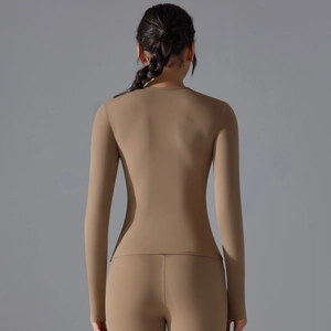 Back view of slim fit khaki long sleeve yoga top and leggings for women's fitness