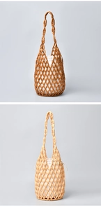 Detailed view of handmade wooden bead bucket bags in brown and beige with canvas liners.