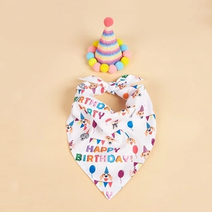 Dog birthday set with colorful striped cone hat and printed fabric bandana on beige backdrop