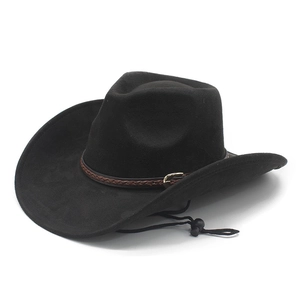 Chapeau de cowboy western noir en similicuir avec ruban tressé marron et boucle dorée