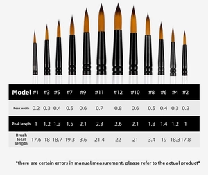 Detailed size chart for 12-piece white acrylic nylon hair art brushes for painting