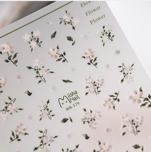 Detailed view of MN-379 nail stickers featuring pink floral patterns and green leaves