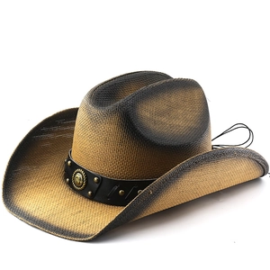 Vintage Western Cowboy Straw Hat Wide Brim Breathable Sun Protection Outdoor Beach Travel Studded Belt Horseshoe Buckle