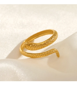 Detailed macro view of 18K gold plated snake ring showing intricate scale textures