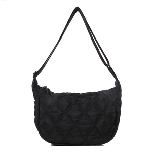 Black quilted rhombic crossbody bag with adjustable strap and crescent moon design