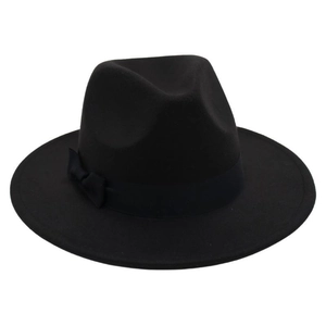 Detailed view of elegant black wool felt fedora with a satin ribbon and bow accent