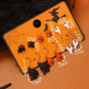 Halloween earring set with ghost pumpkin and spider motifs including size measurements