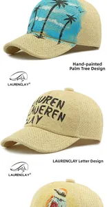 Three straw baseball caps with hand-painted tropical trees and LAURENCLAY print