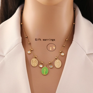 Virgin Mary Butterfly Wing Jewelry Set Stainless Steel Cat Eye Stone Rhinestone Necklace And Earrings For Women