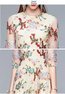 Detail view of floral heavy embroidery and sheer mesh sleeves on an elegant dress