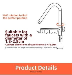 Kitchen faucet sink rack detail showing 1.8-2.8cm diameter fit and 360 rotation feature