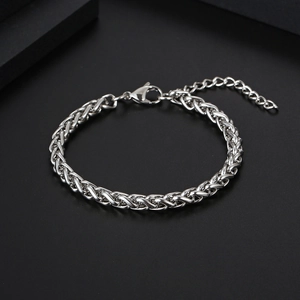 Silver woven stainless steel bracelet for men with lobster clasp and extension chain