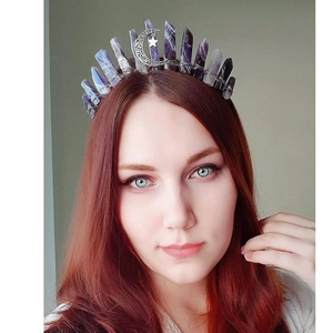 Handmade amethyst crystal crown featuring silver moon and star accents for bridal festivals
