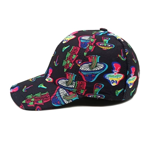 Detailed side view of black baseball cap featuring vibrant psychedelic mushroom print