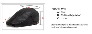 Detailed size chart for PU leather beret showing dimensions and adjustable strap info