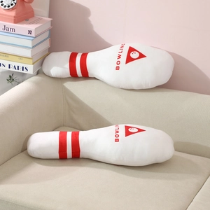 Creative bowling pin plush pillow with red stripes and bowling print for home decor
