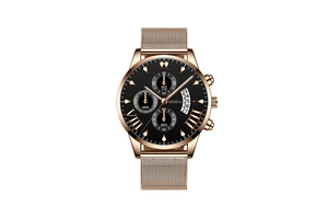 Detail of rose gold men's watch with black dial, three chronographs and mesh band