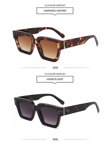 Side view detail of square thick frame sunglasses in tortoise brown and granite gray