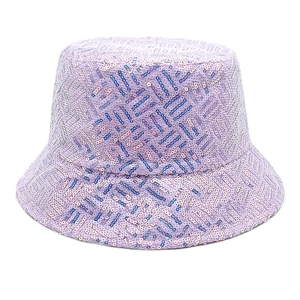 Detailed view of the gradient purple sequins and diagonal texture on this stylish bucket hat
