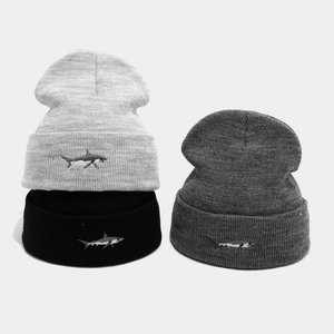 Unisex shark embroidered knit beanie hats in black and grey for winter outdoor fashion