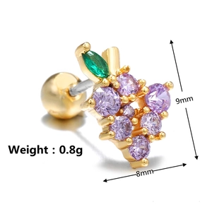 Detailed view of grape-shaped stud earring with purple zircon and screw ball back