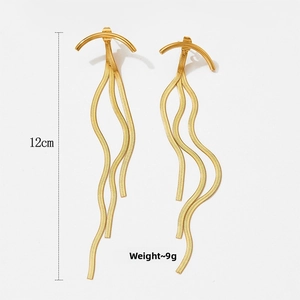 Detail of 12cm long gold snake chain tassel earrings with weight and size measurements