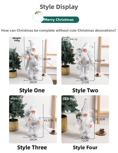 Comparison of four sizes of silver standing Santa Claus dolls in white sequined robes