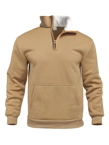 Detail of khaki waffle knit texture and high collar zipper on men's pullover hoodie