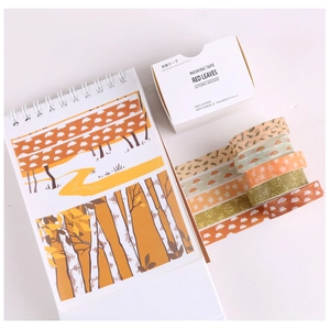 Herfst washi tape set met vijf rollen rode bladpatronen en witte verpakking box