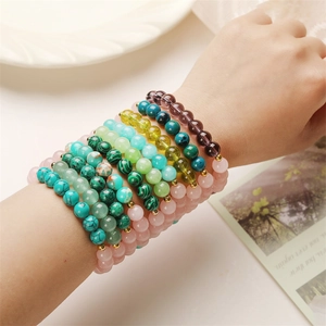 Natural Gemstone Beaded Bracelet Rose Quartz Amethyst Aventurine Round Stone Elastic Handmade Bohemian Jewelry For Women