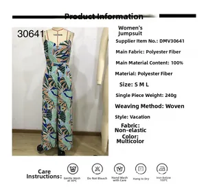 Detail of tropical print jumpsuit featuring green leaf pattern and V-neck wide leg cut