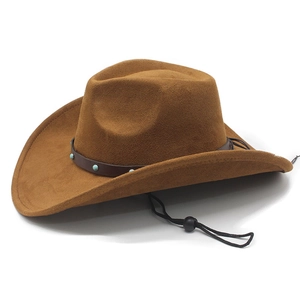 Close-up of brown suede cowboy hat with turquoise rivets and leather hatband
