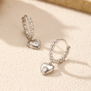Chic S925 sterling silver beaded hoop earrings with a sparkling zircon heart star pendant